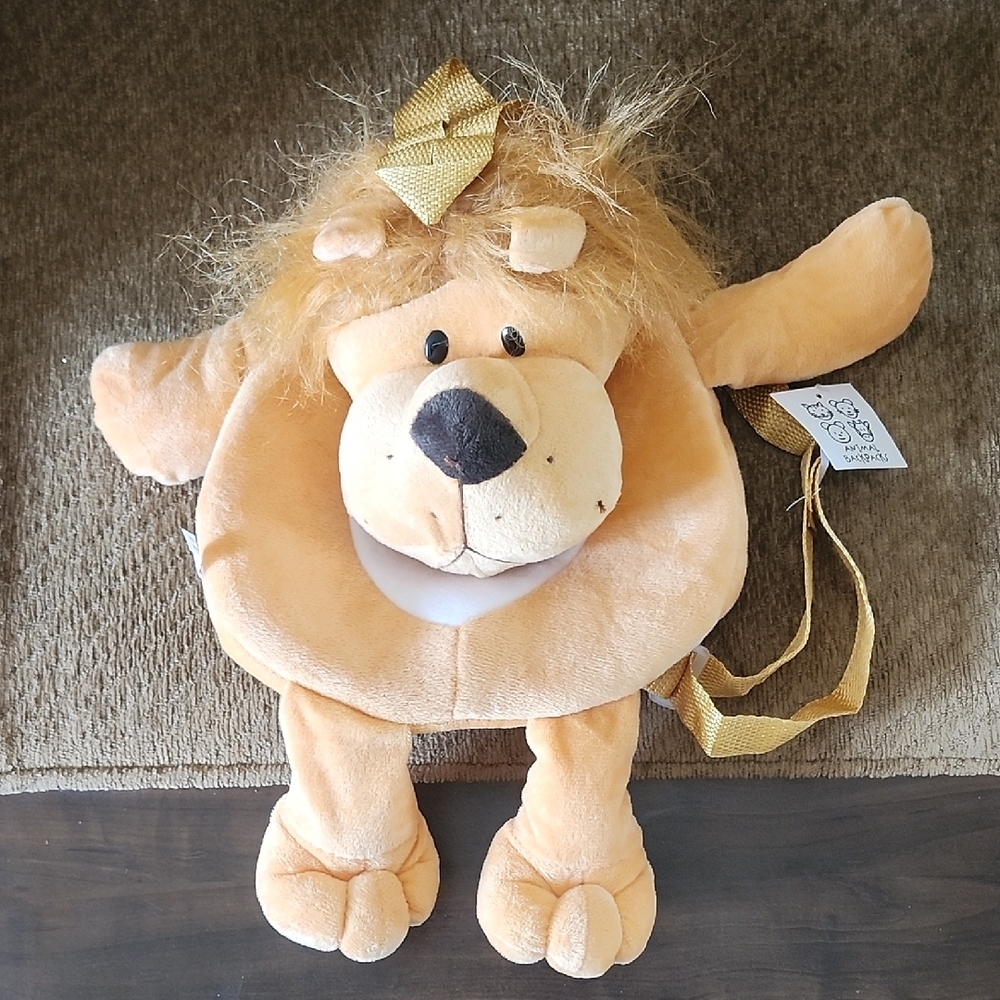 Plush Lion stuffed animal backpack bag with zipper pocket and adjustable straps